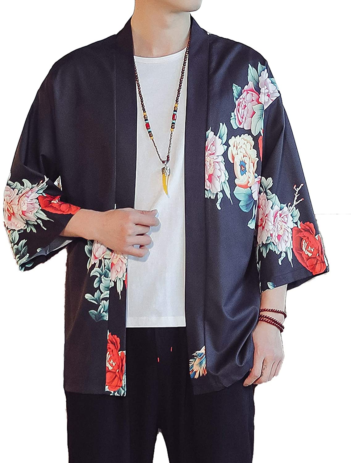 PRIJOUHE Men's Lightweight Kimono Jacket Seven Sleeve Open Front Cardigan  Coat J
