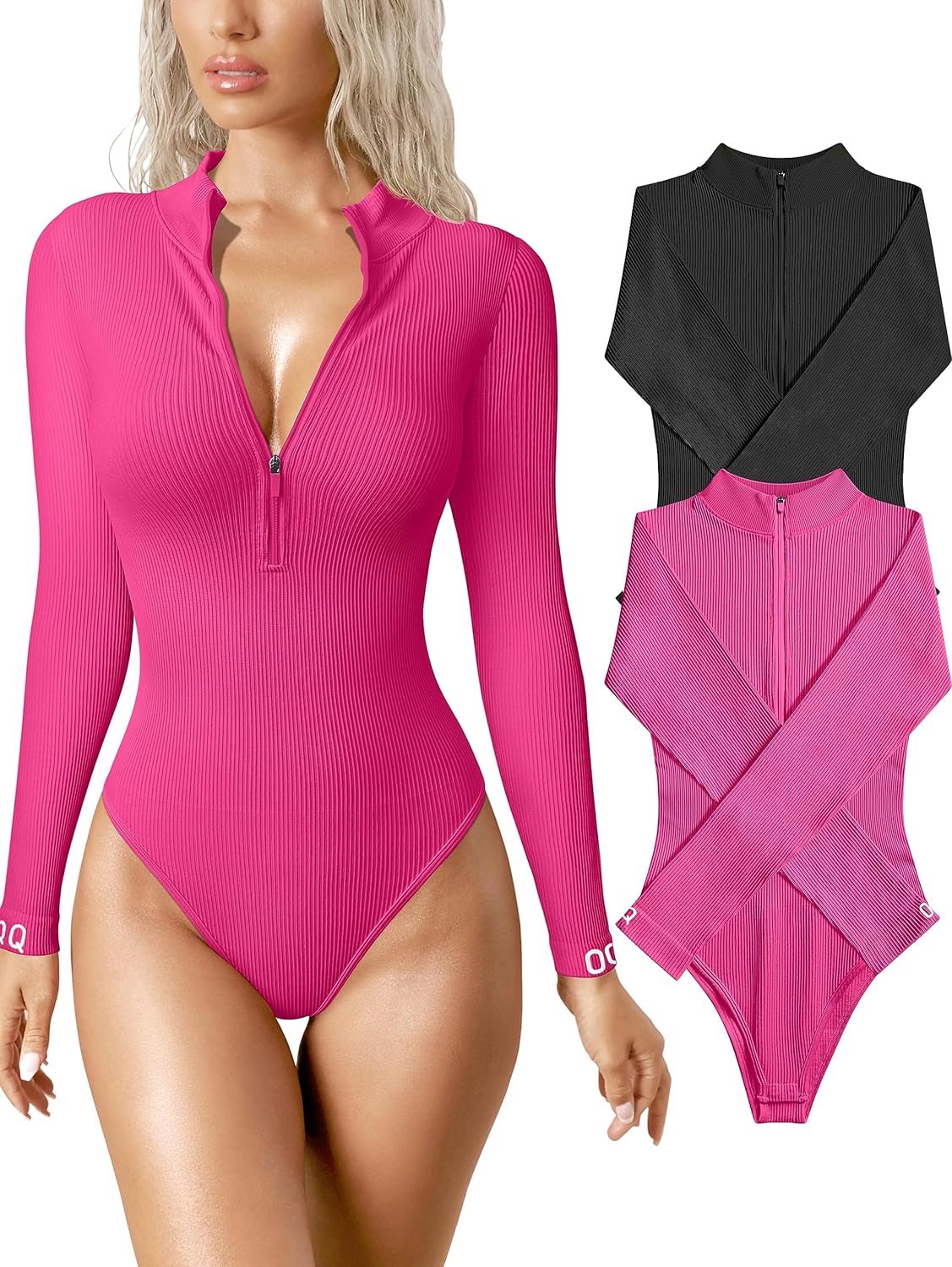 OQQ Women's 2 Piece Bodysuits Sexy Ribbed One Piece Zip Front Long Sleeve  Tops B