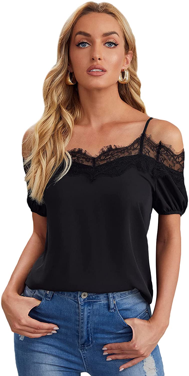 SweatyRocks Women's Spaghetti Strap Cold Shoulder Tops Short Sleeve Lace  Trim Sh