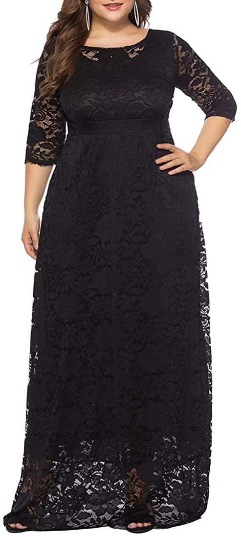 Eternatastic Women's Floral Lace Long Sleeve Plus Size Lace Dress Black