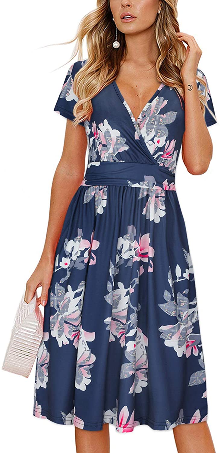 OUGES Womens Summer Short Sleeve V-Neck Floral Short Party Dress with Pockets
