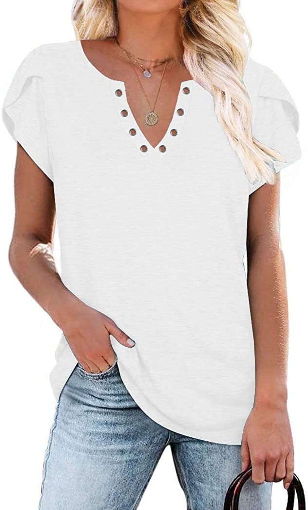 Womens Summer Casual T-Shirts Ring Hole V Neck Petal Short Sleeve Tops Loose  Com