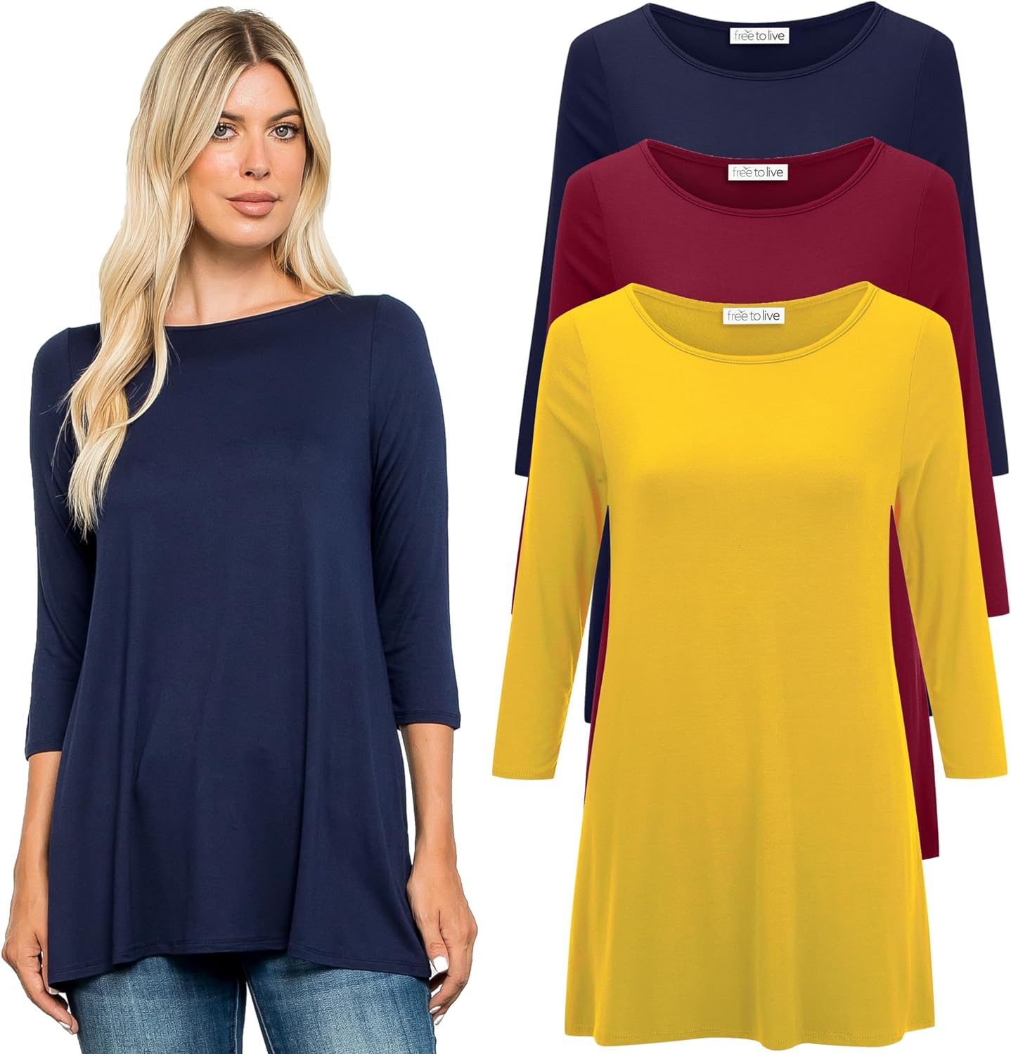 Free to Live 3 Pack 3/4 Sleeve Long Tunic Tops to Wear with Leggings for  Women L