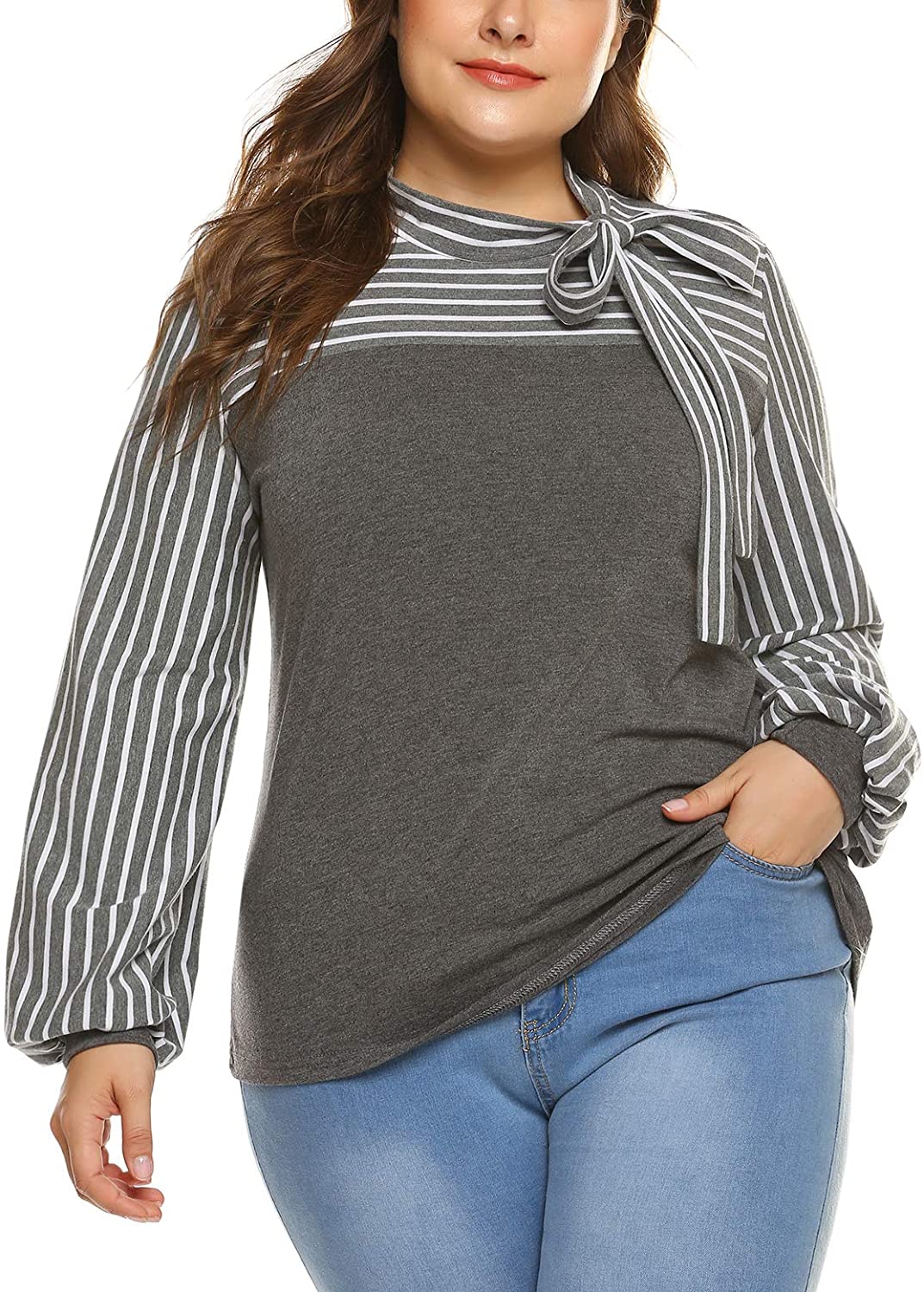 Plus Size Blouses for Women Tie-Bow Neck Striped Blouse Long Sleeve Shirt  Splici