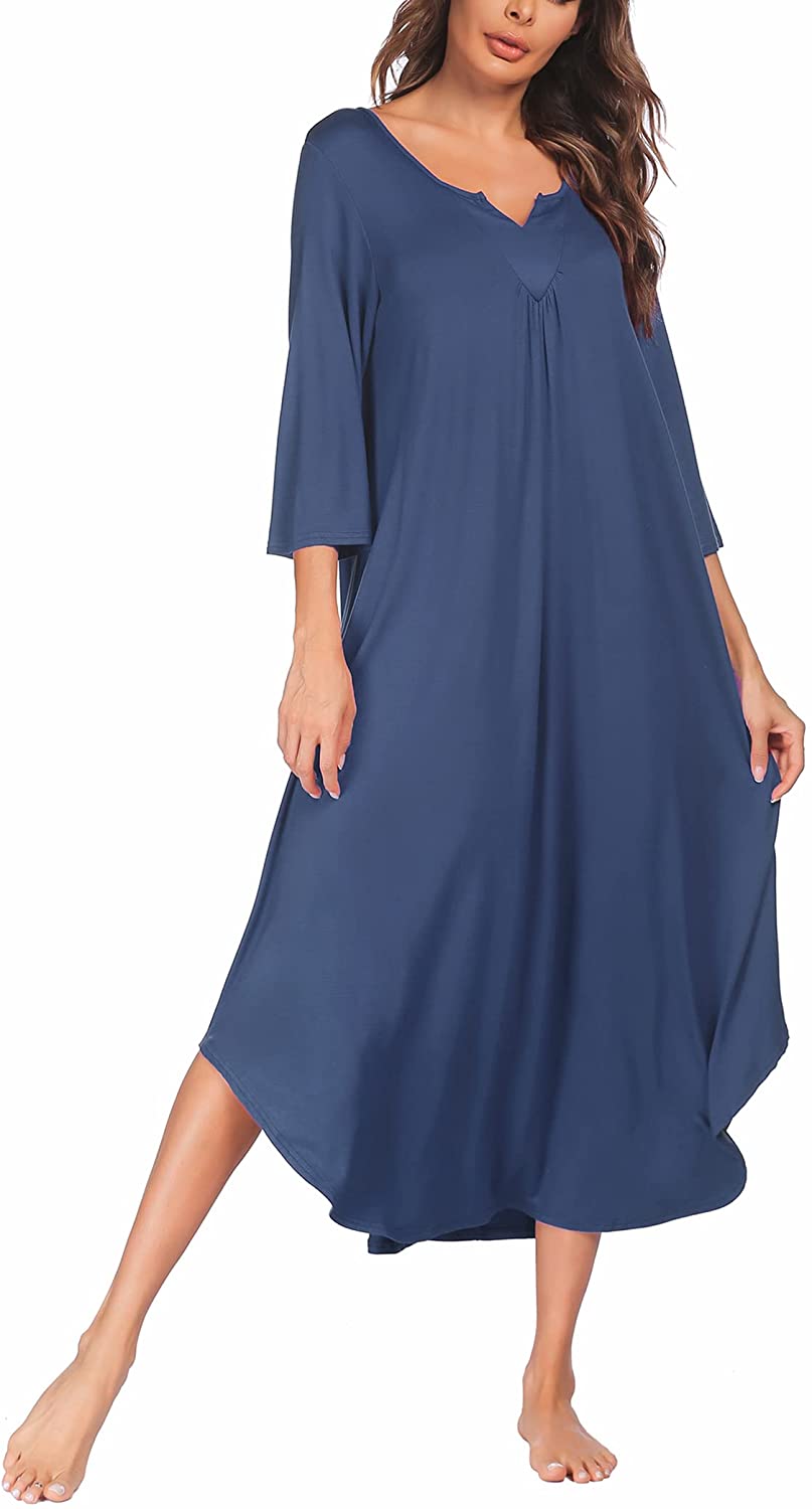 Ekouaer Nightgowns Long 3/4 Sleeve Lounge Dress Women Plus Size Loungewear  V nec