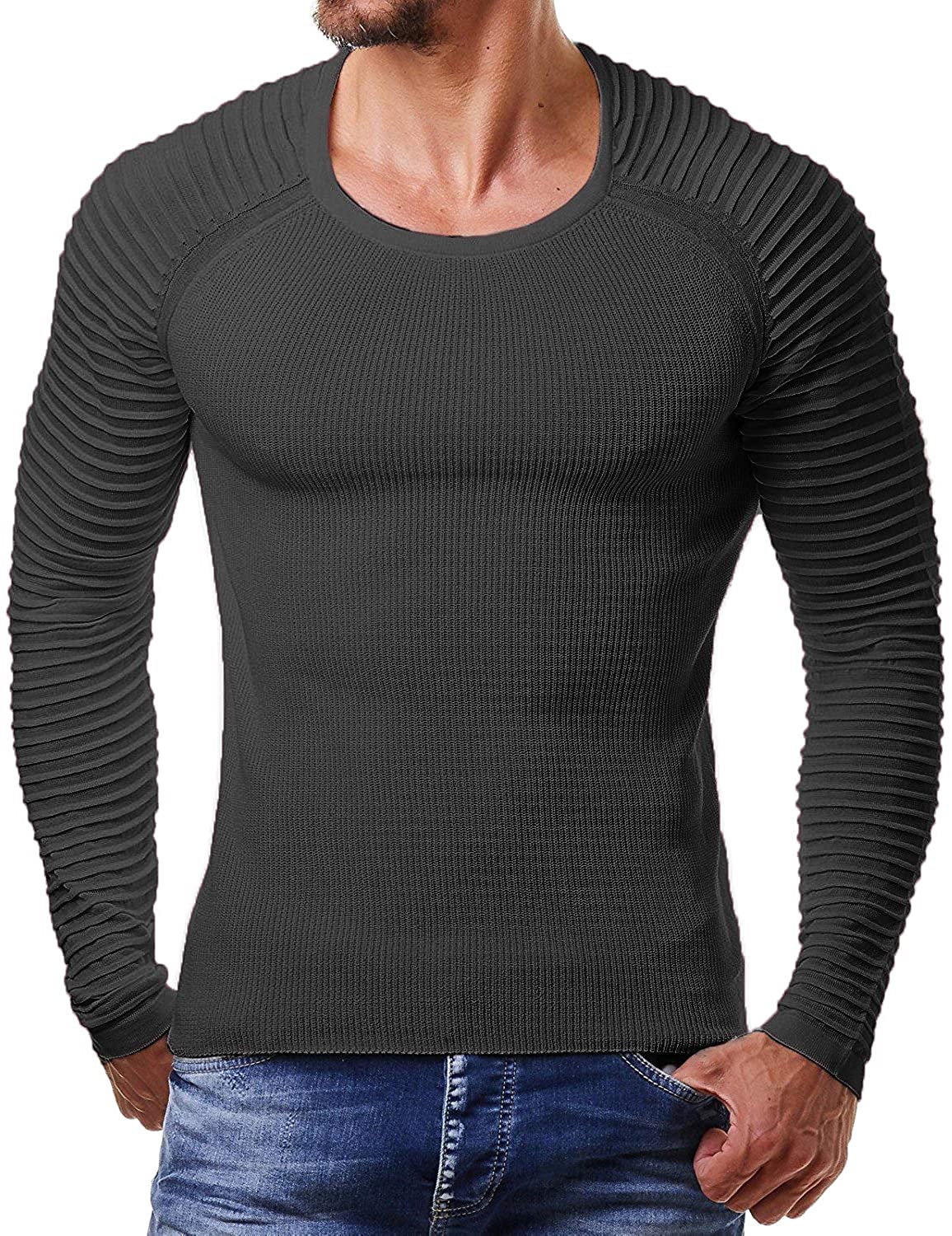 Coofandy Mens Cable Knit Jumper Sweater Long Sleeve Crew Neck Pullover Top 