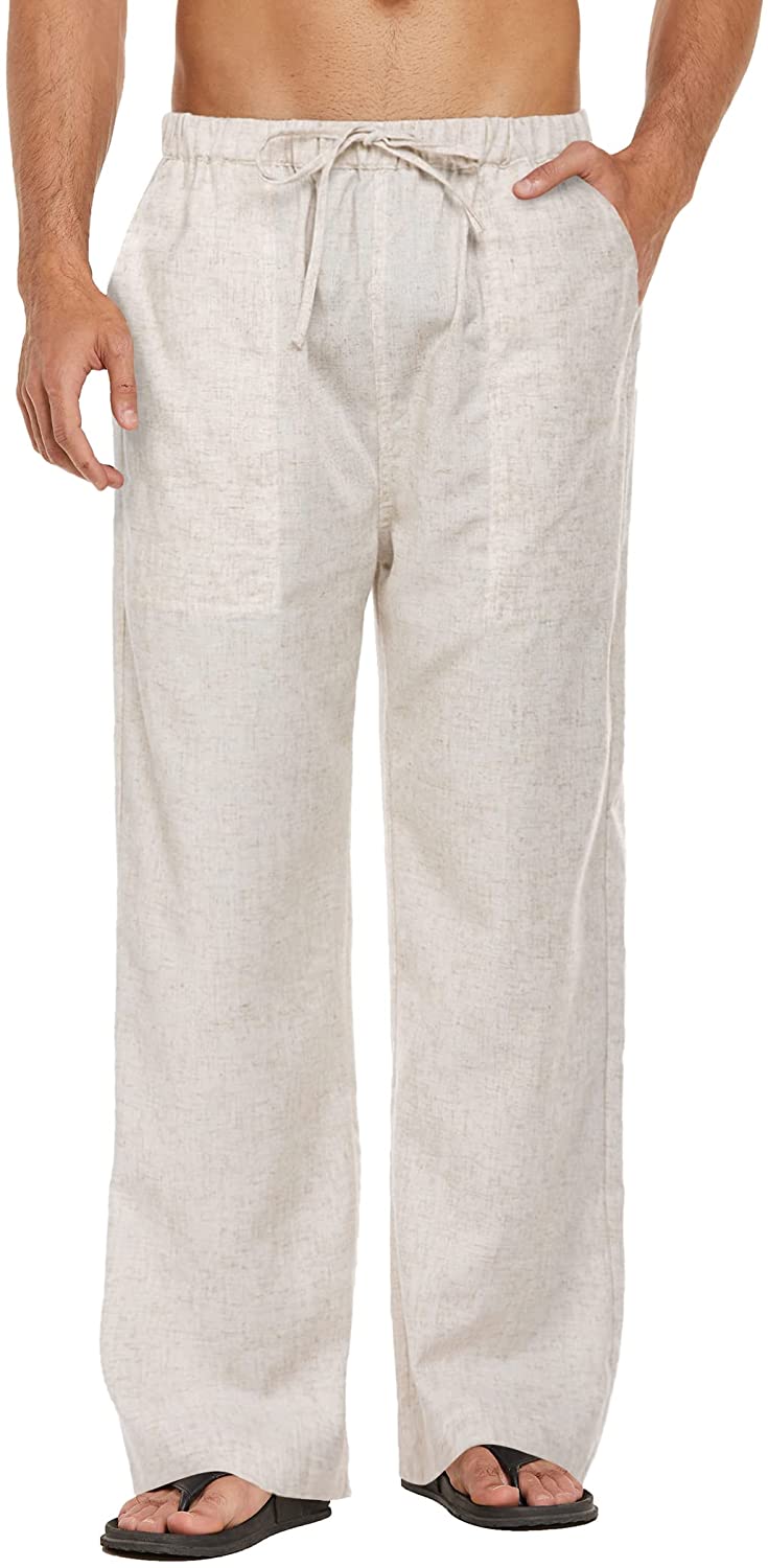 Zainafacai Mens Linen Pants Loose Casual Lightweight Elastic Waist Yoga Beach Pants Summer Lightweight Long Trousers 