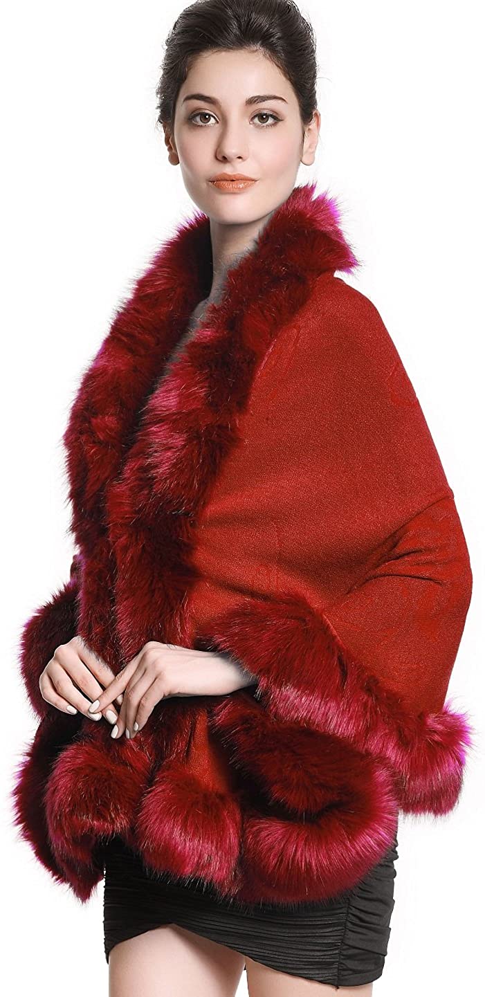 BEAUTELICATE Faux Fur Shawl Wrap Cape Stole Shrug Bridal Winter Wedding  with Hook Hooded Red With Tassel : : Clothing, Shoes & Accessories