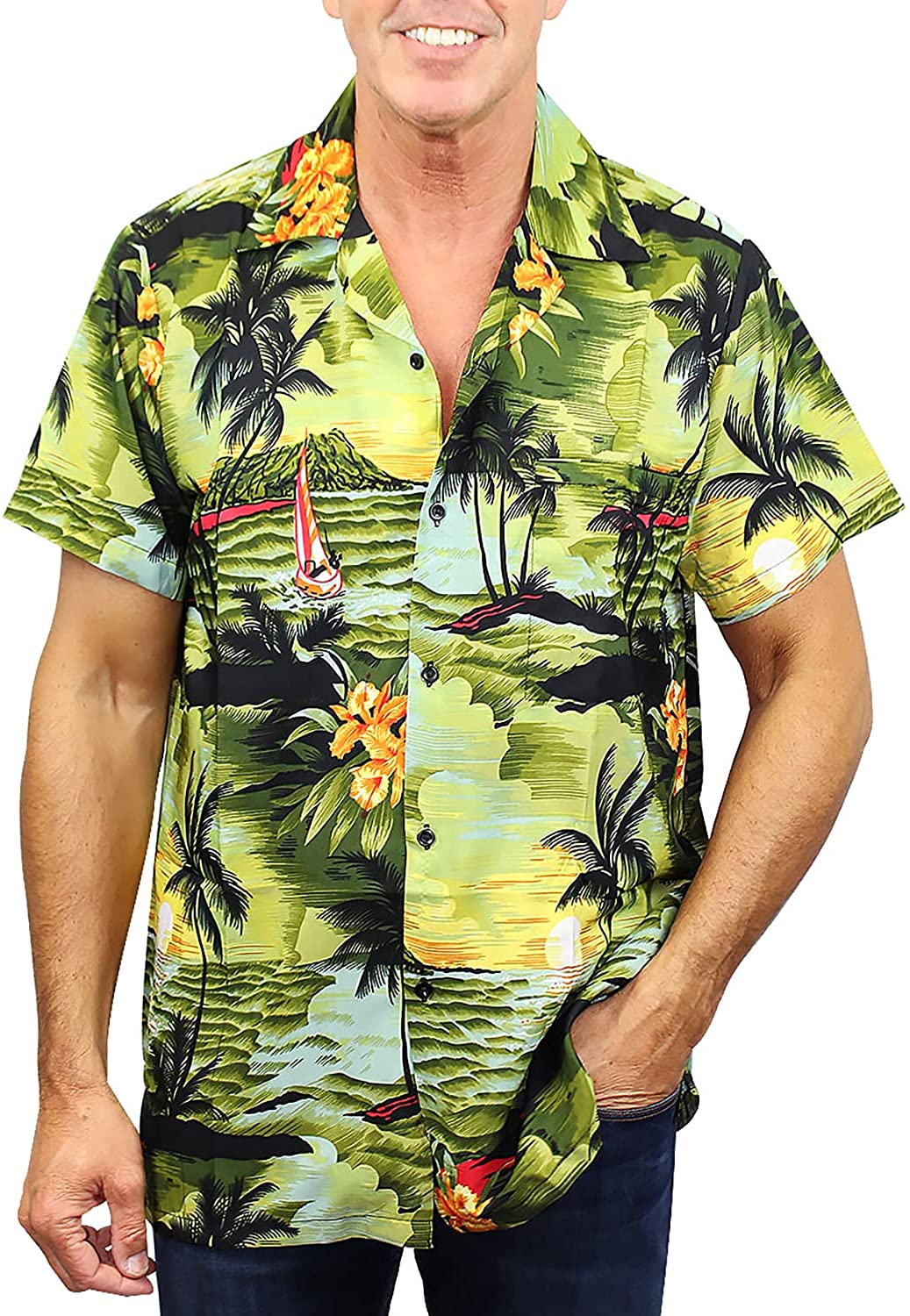 V.H.O. Funky Hawaiian Blouse Shirt Women Very Loud Shortsleeve Casual Front Pocket Button Down Surf Print
