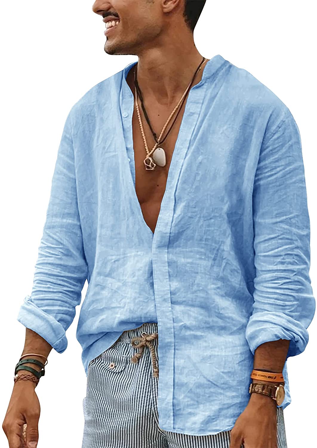 Mens Button Up Shirts Long Sleeve Linen Beach Casual Cotton Summer  Lightweight T