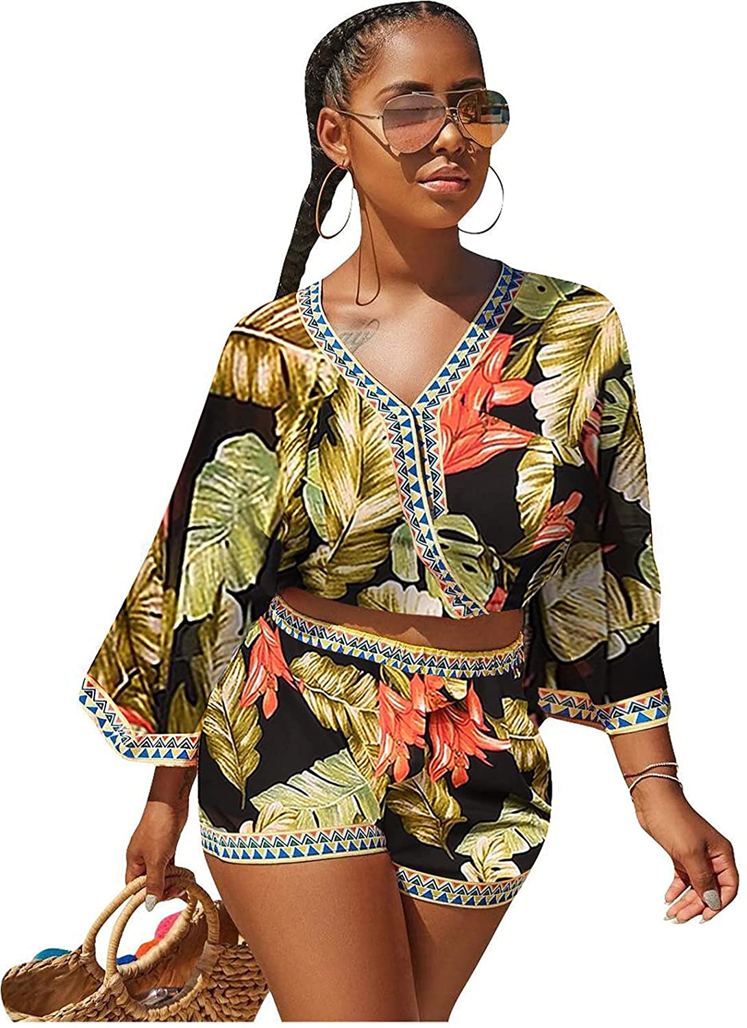 YIQ8 Summer Two Piece Outfits for Women - African Floral Print 2 Piece Crop  Top Short Set Boho Romper Jumpsuit