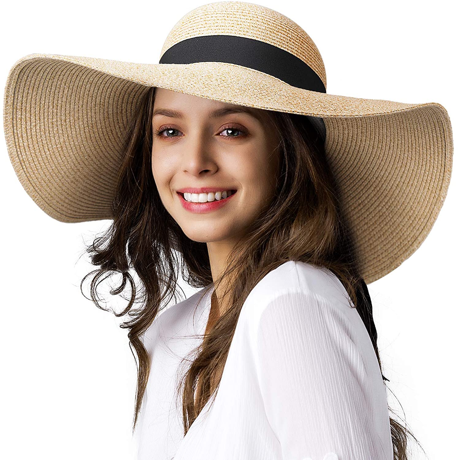 Womens Sun Straw Hat Wide Brim UPF 50 Summer Hat Foldable Roll up Floppy  Beach H