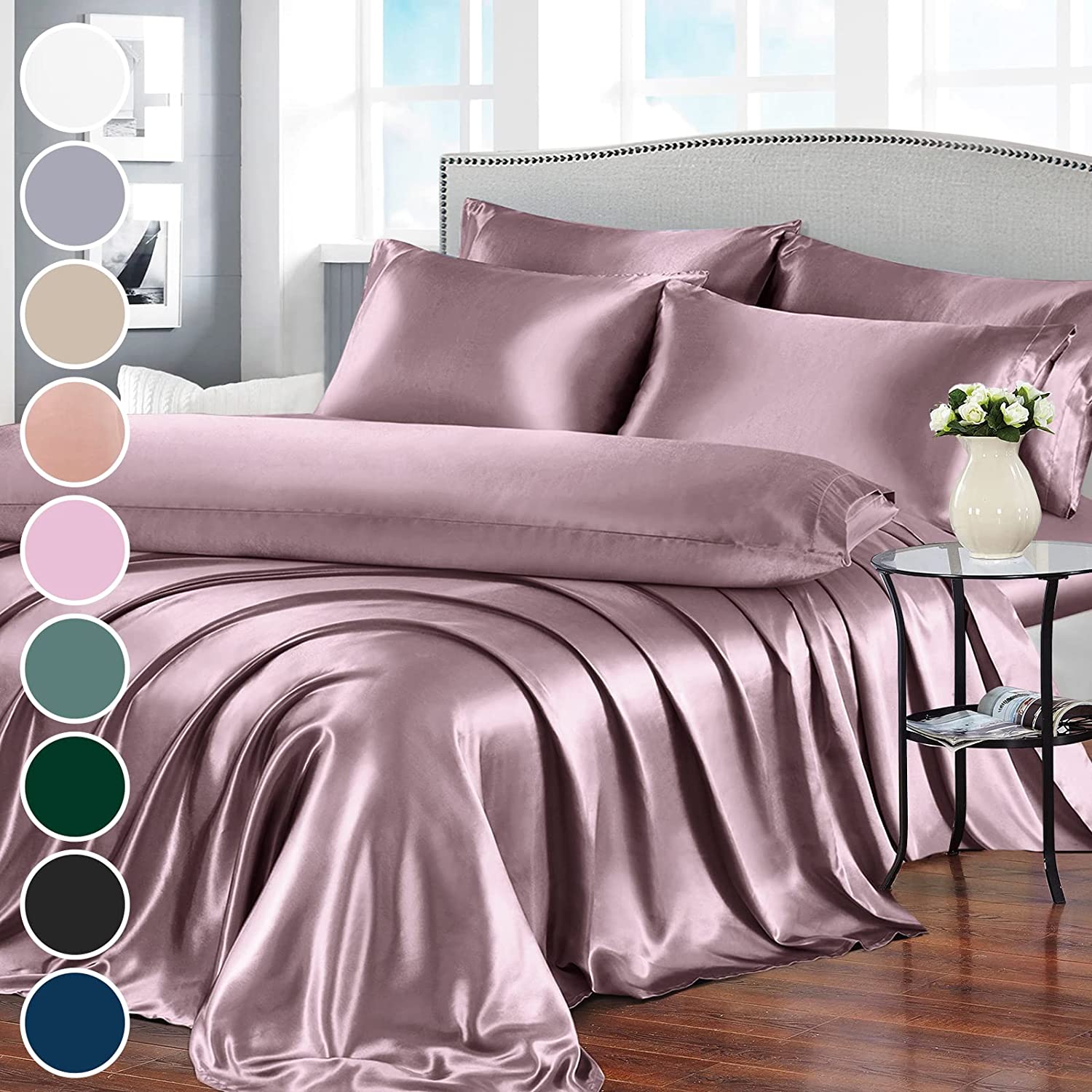 Homiest 7pcs Satin Sheets King Size Bed Set Satin Sheet Set Deep Sea