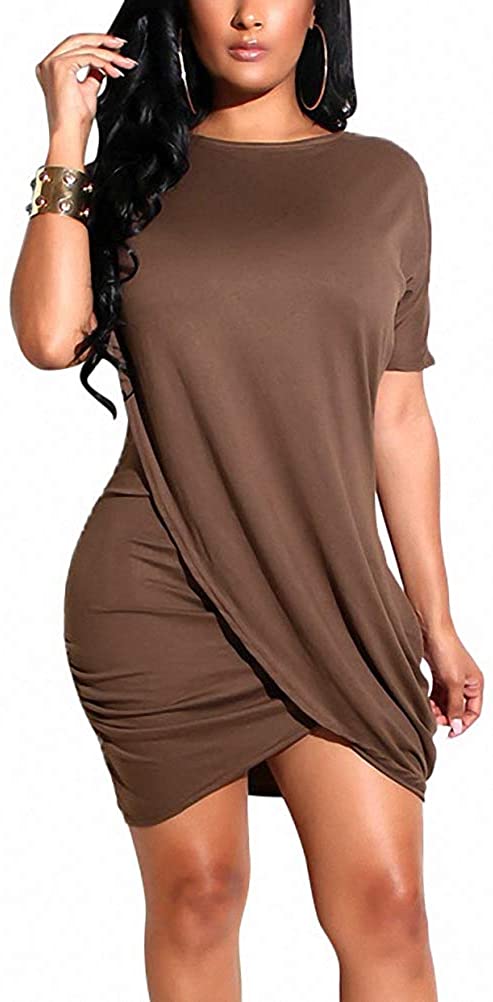 Ophestin Women Short Sleeve Solid Color Bodycon Tight Ruched Wrap T Shirt  Mini S | eBay