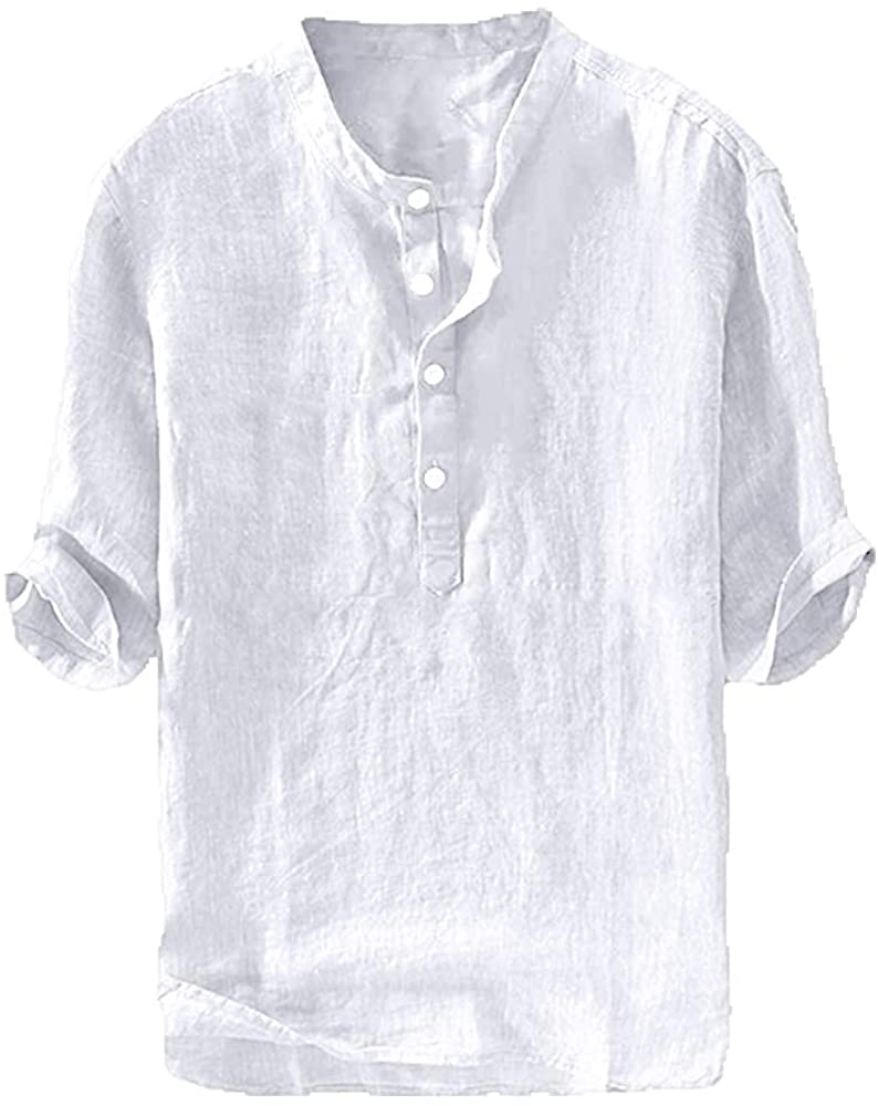 Mens Linen Shirts Casual 3/4 Sleeve Henley Cotton T-Shirt Loose Fit Summer Clothes Lightweight Beach Yoga Tops 