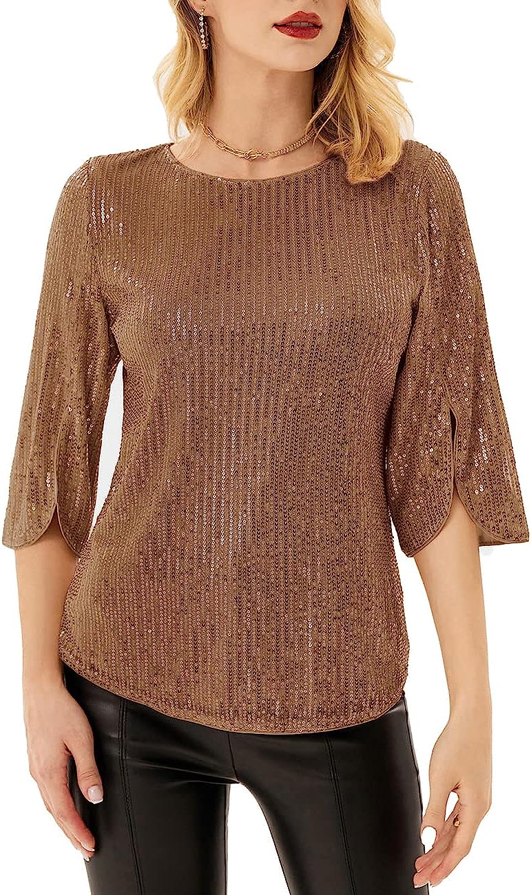 Women's Sequin Party Cocktails Tops Shimmer Glitter Blouse Short Sleeve  Crewneck Sequin Print Dressy Casual T-Shirts
