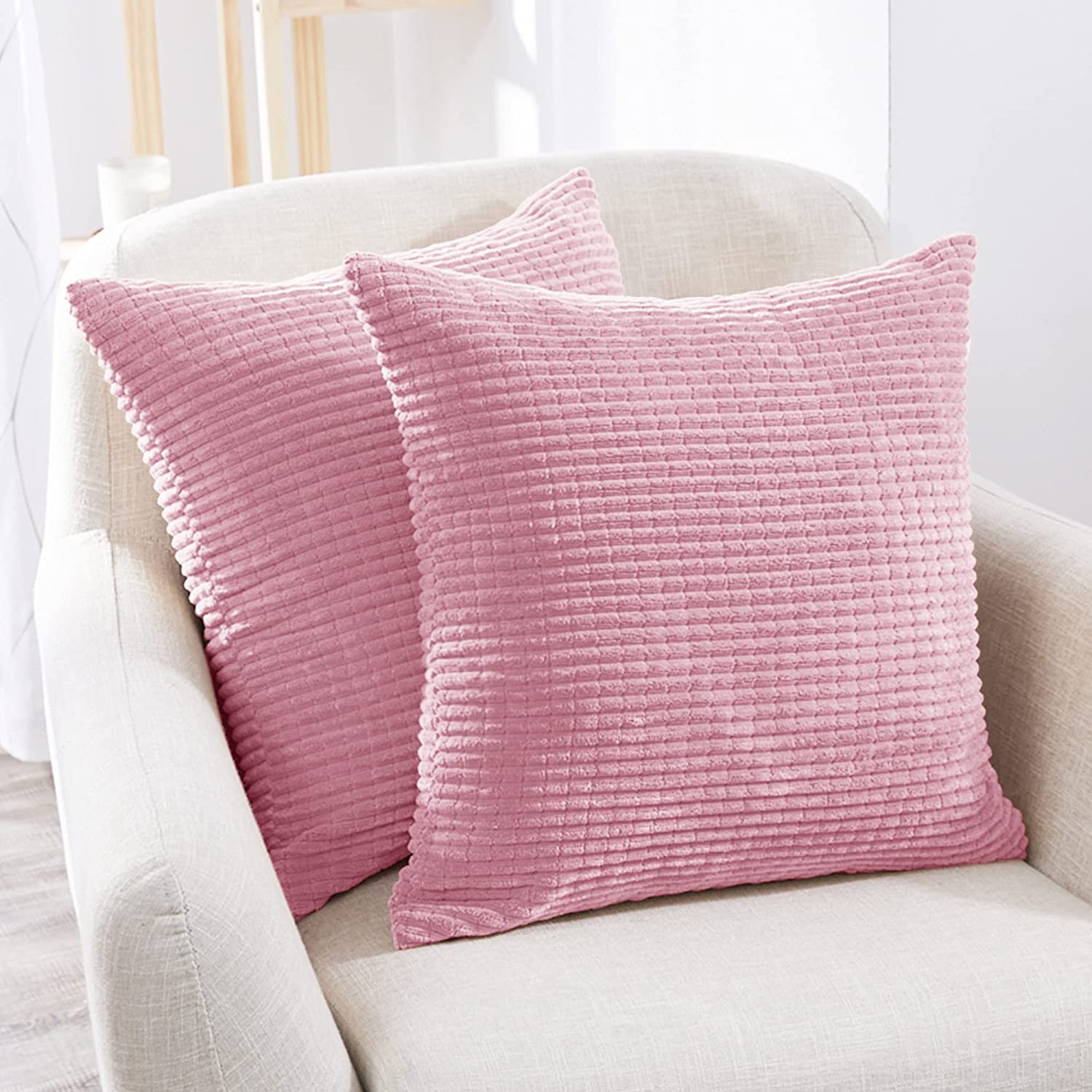 Blush Pink Pillow Covers, Soft Decorative Throw Pillows For Couch, Corduroy 18x18  Pillow Cover, Set Of 2, 18 X 18 Inch, Light Pink