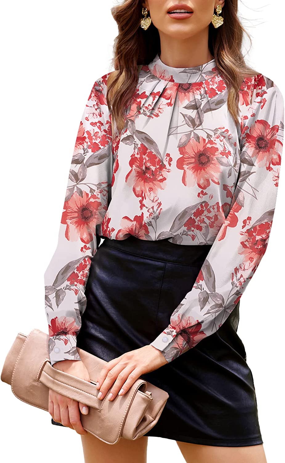 SoTeer Womens 2023 Long Sleeve Tops Chiffon Fall Blouse High Neck Casual  Shirts Layered Dress