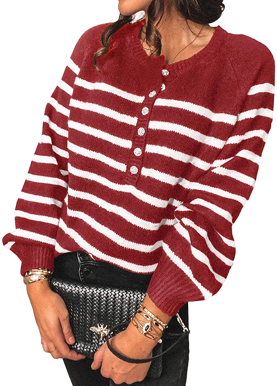 BTFBM Women's Sweaters Casual Long Sleeve Button Down Crew Neck Ruffle Knit  Pull