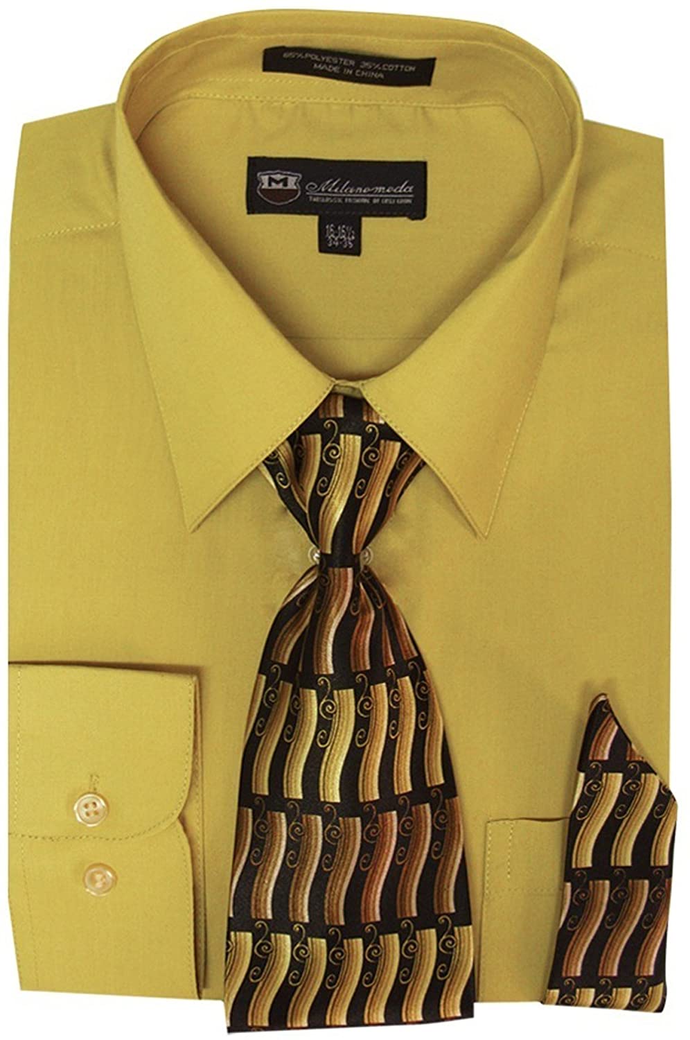 Milano Moda Men's Dress Shirt with Tie/Handkerchief HLSG21A New York Brand 