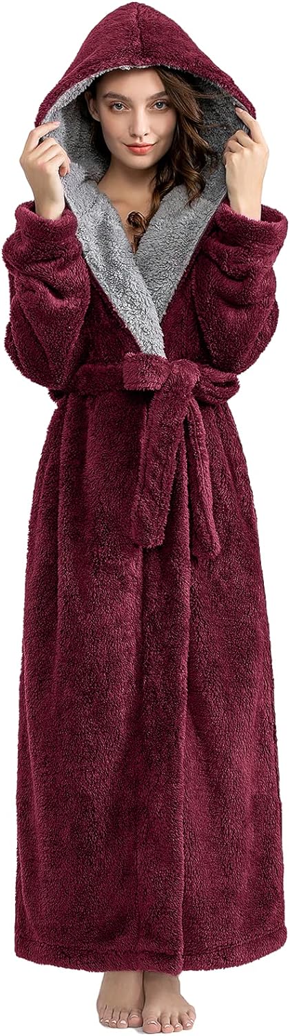 Hellomamma Long Hooded Robe for Women Luxurious Flannel Fleece Full Length  Bathr