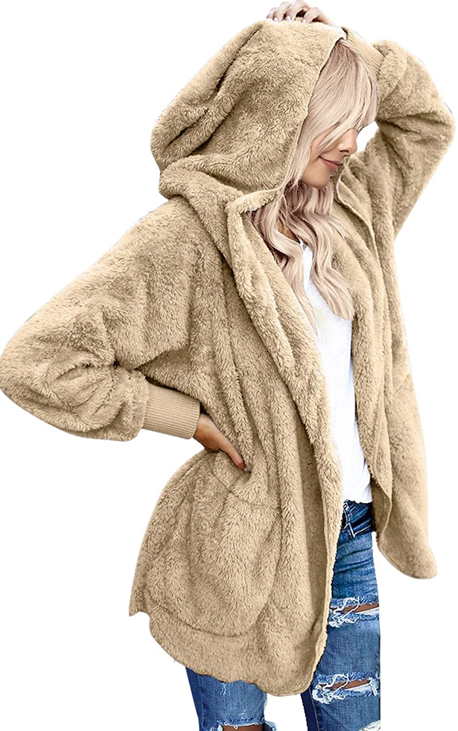 Womens Fuzzy Fleece Jacket Faux Fur Coats Hooded Open Front Cardigan Splice Winter Warm Coat Outwear with Pocket 