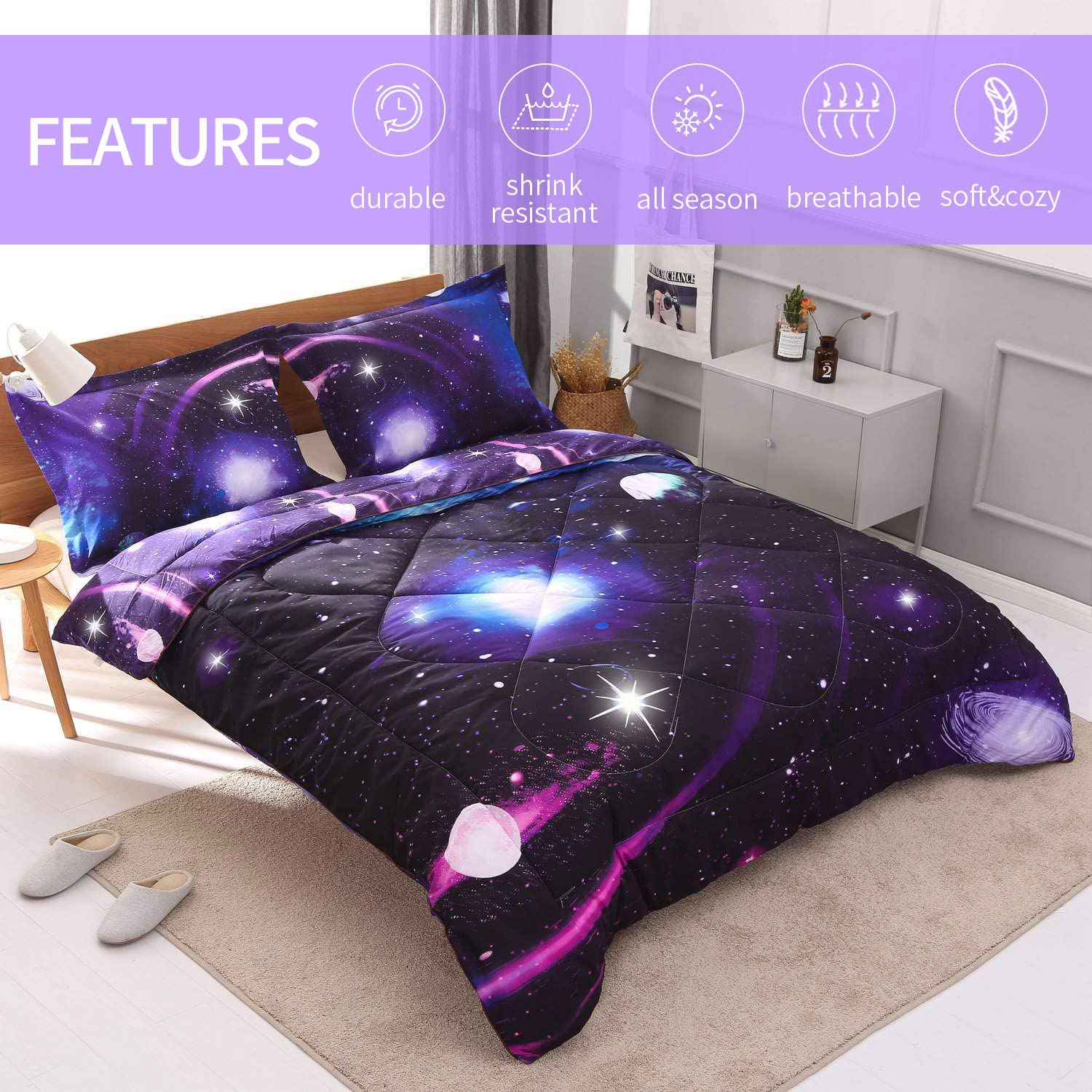 DECMAY 3D Purple Blue Space Comforter Twin Universe Bedding Set for ...