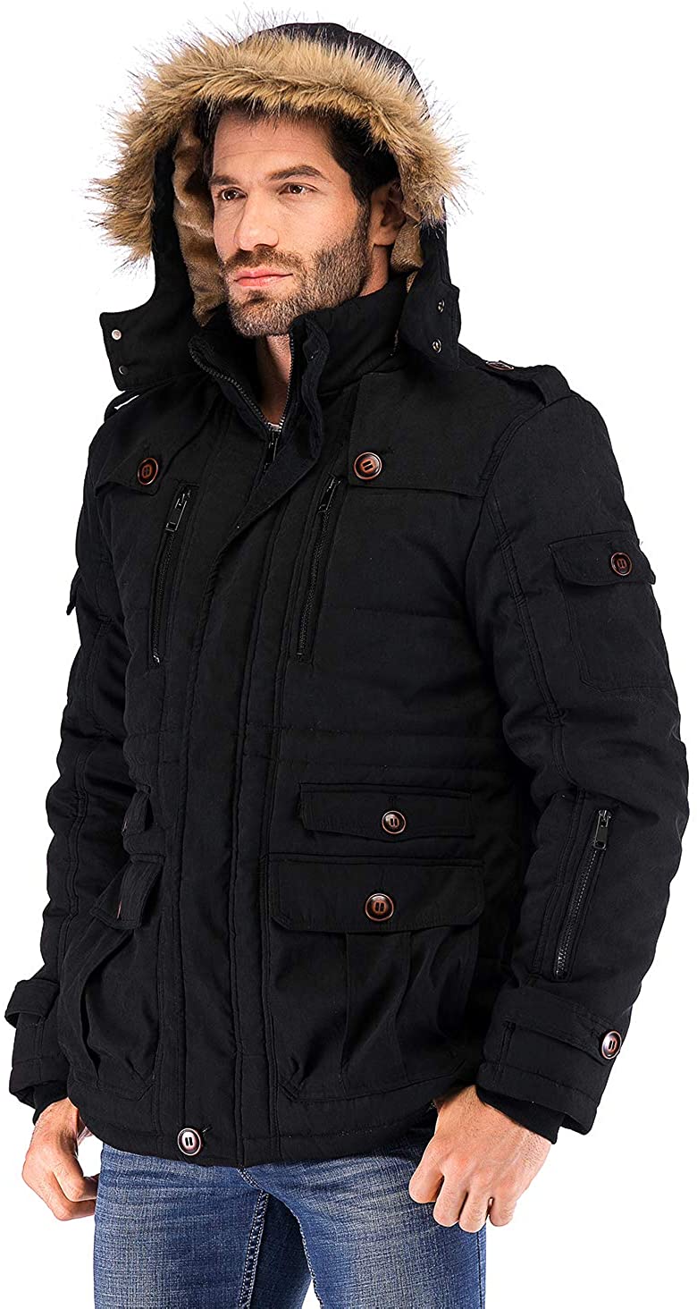 Yozai Mens Winter Military Warm Jacket Fleece Coat with Detachable Fur Hood Outwear