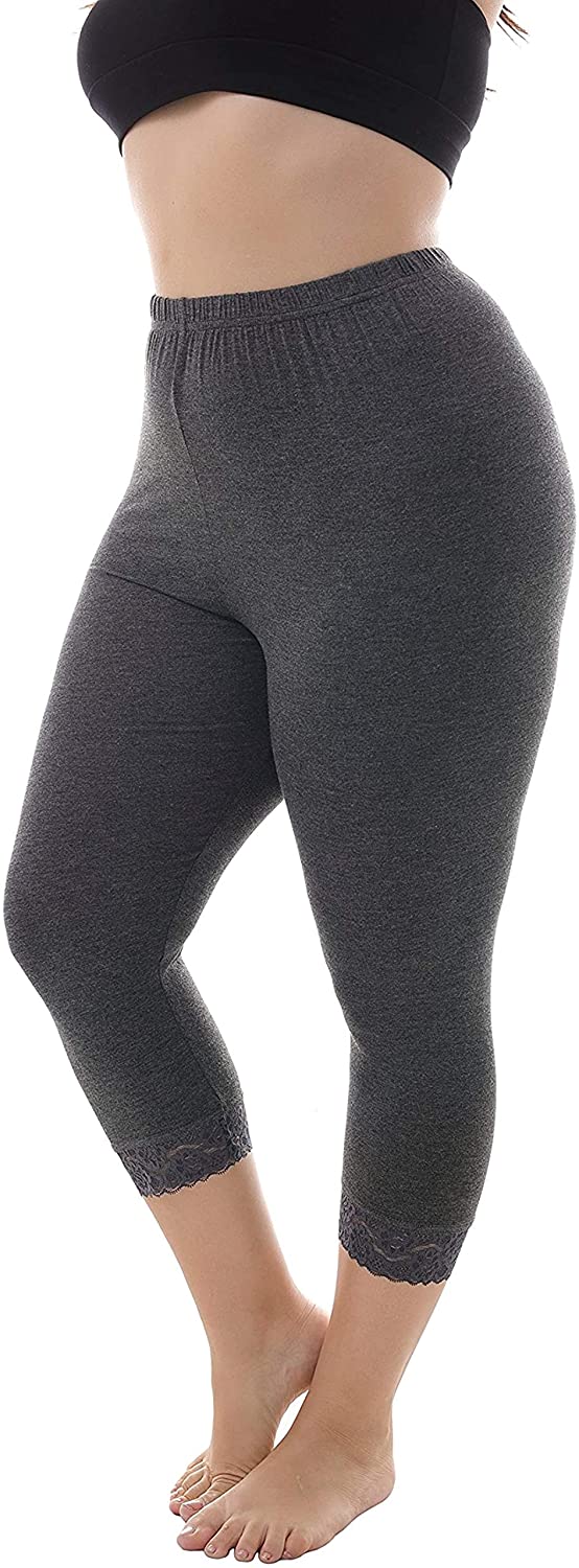 ZERDOCEAN Women's Plus Size Soft Solid Capri Leggings Hem Lace