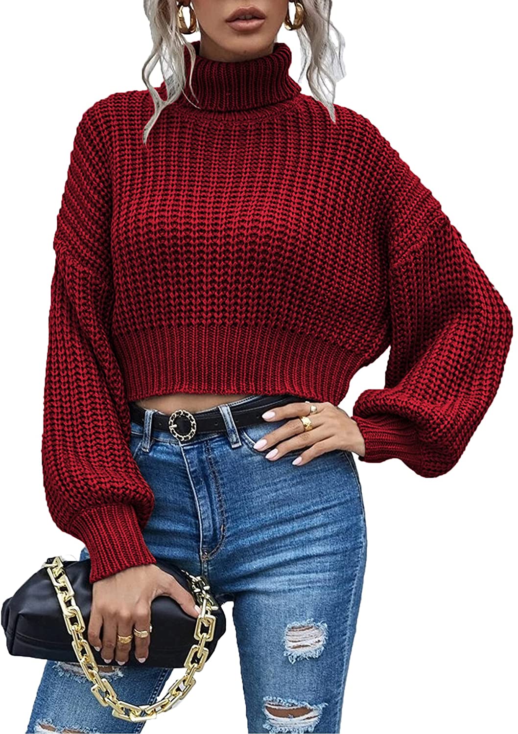 Chigant Knit Pullover Sweater Women Deep V Neck Loose Fit Pullover Long Sleeve Oversized Jumper Tops S-XXL 