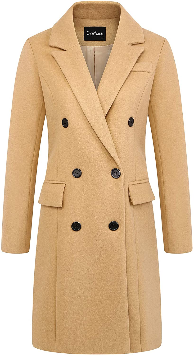 chouyatou Women's Basic Essential Double Breasted Mid-Long Wool Blend Pea Coat