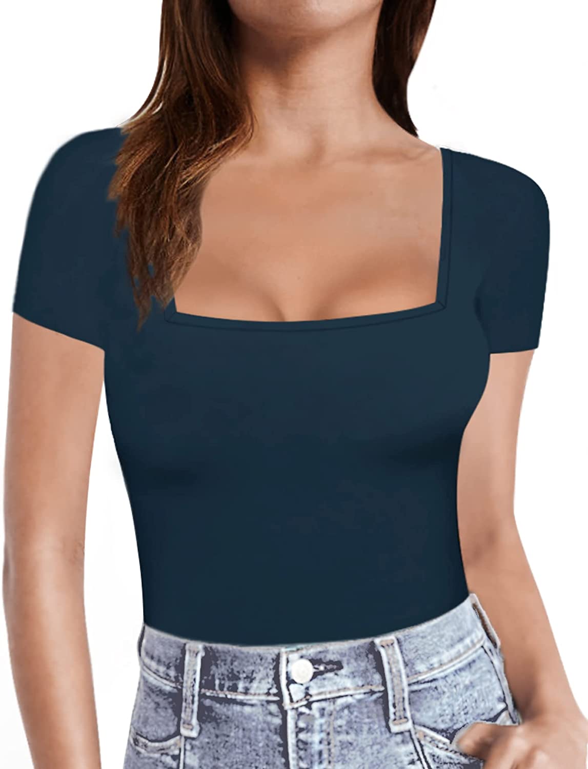 MANGOPOP Womens Short Sleeve Long Sleeve Square Neck T Shirts Tops Tees