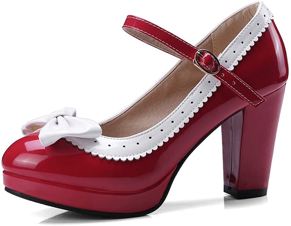 Lolita Women Bowknot Chunky Heel Platform Red Wedding Party Court Pump Shoes New 