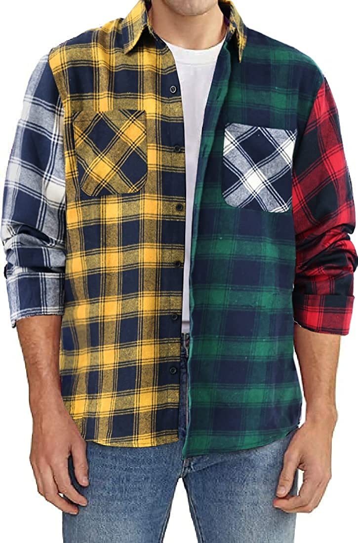 Cromoncent Mens Casual Slim Fit Long Sleeve Striped Plaid Button Front Shirts