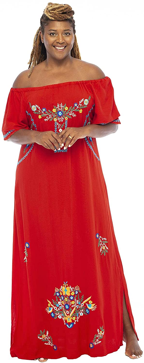 Back From Bali Womens Plus Size Long Mexican Embroidered Dress Off