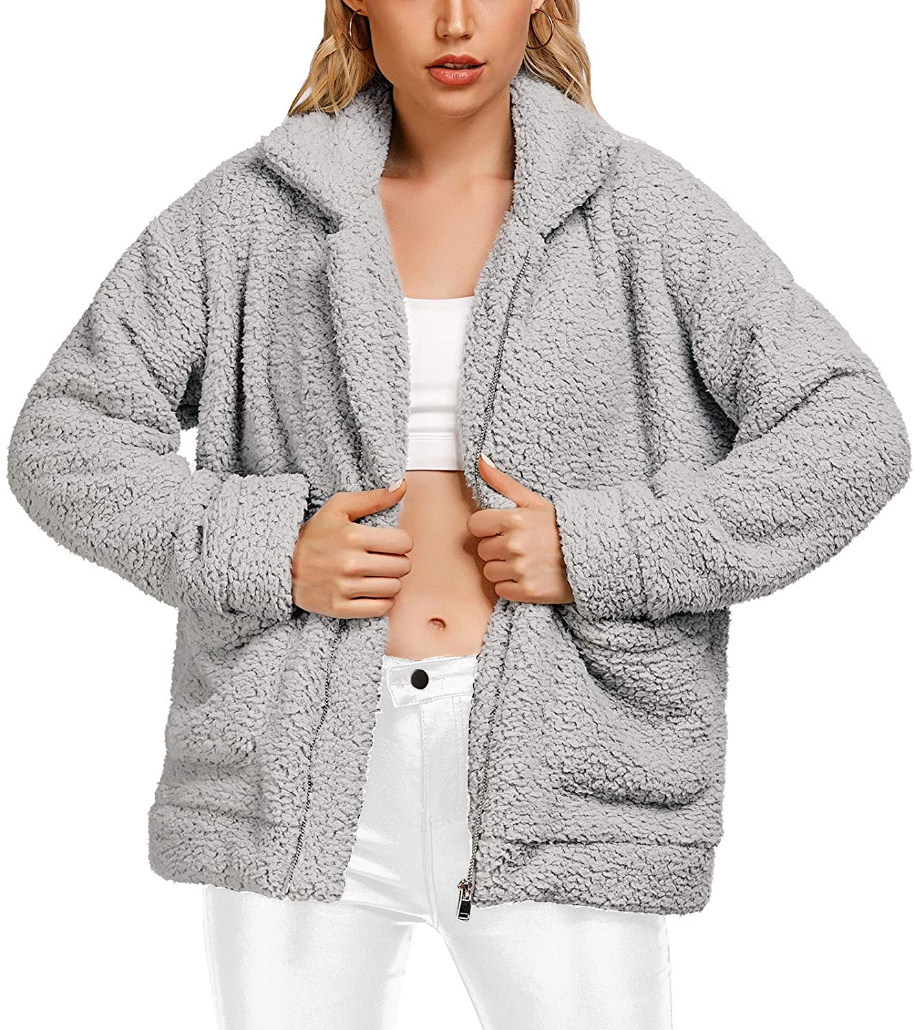 Comeon Women's Coat Casual Lapel Fleece Fuzzy Faux Shearling Zipper Coats  Warm Winter Oversized Outwear Jackets