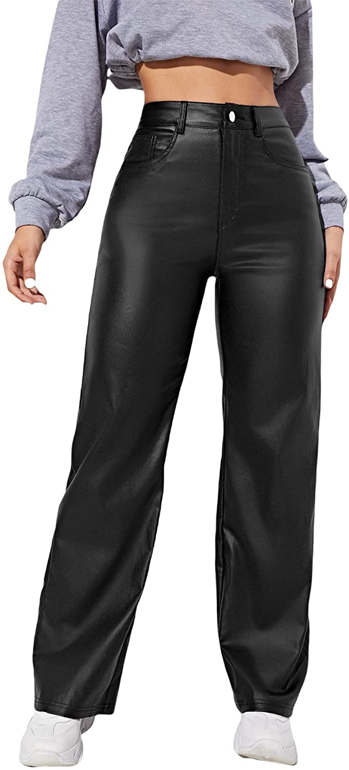 MakeMeChic Women's High Waist Pockets Straight Wide Leg Jeans Leather Look  Pants
