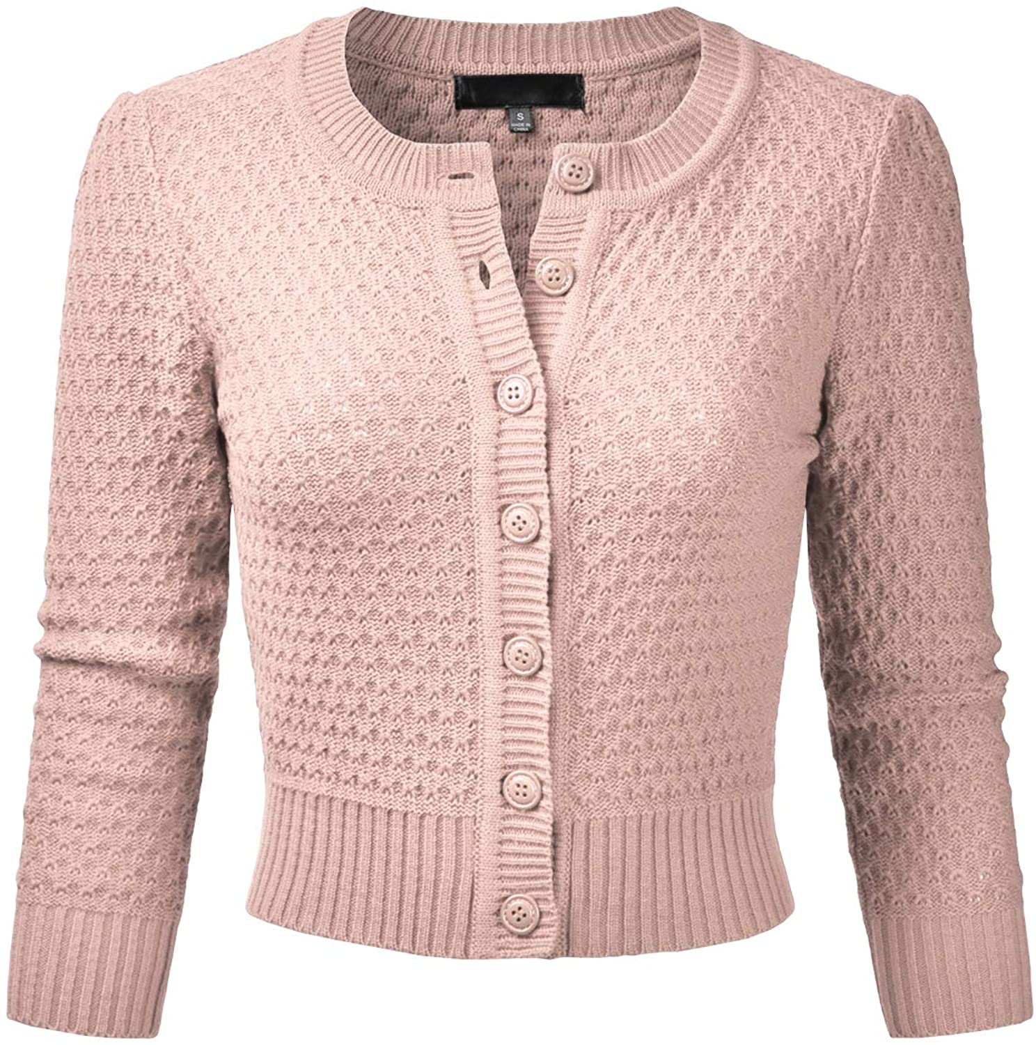 FLORIA Womens Button Down 3/4 Sleeve Crew Neck Cotton Knit Cropped Cardigan Sweater S-3X
