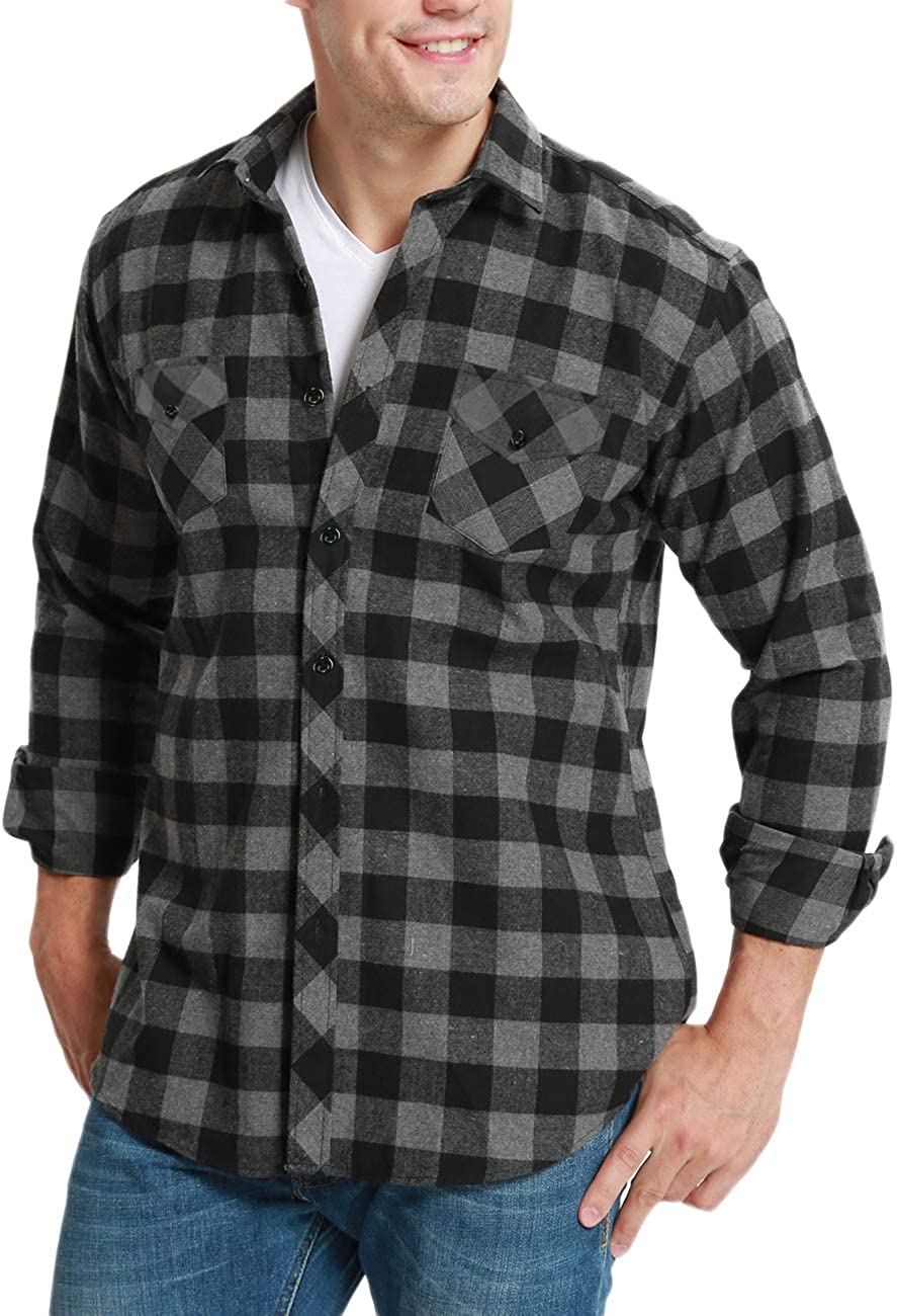 Jeetoo Mens Buffalo Plaid Flannel Shirts Cotton Long Sleeve Checkered Shirt  for Men Button Down White Black Buffalo S : : Clothing, Shoes &  Accessories