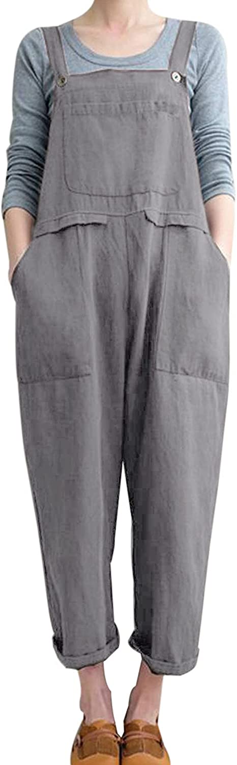Yeokou Women's Loose Baggy Linen Cotton Summer Overalls Jumpsuits Harem Pants
