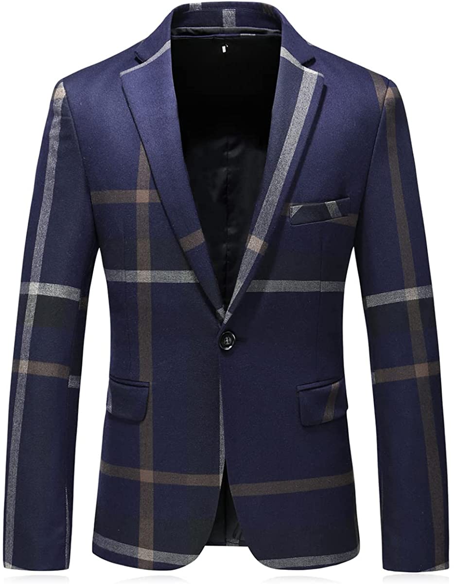 Mens Plaid Blazer Jacket Slim Fit Sports Coat One Button Casual Blazer ...