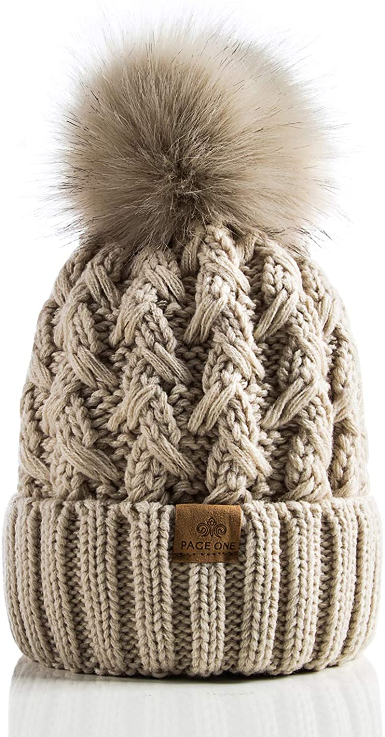 PAGE ONE Womens Winter Ribbed Beanie Crossed Cap Chunky Cable Knit Pompom Soft Warm Hat