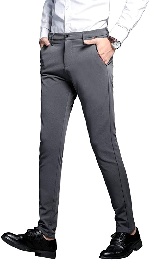 Plaid&Plain Men's Stretch Dress Pants Slim Fit Skinny Suit Pants