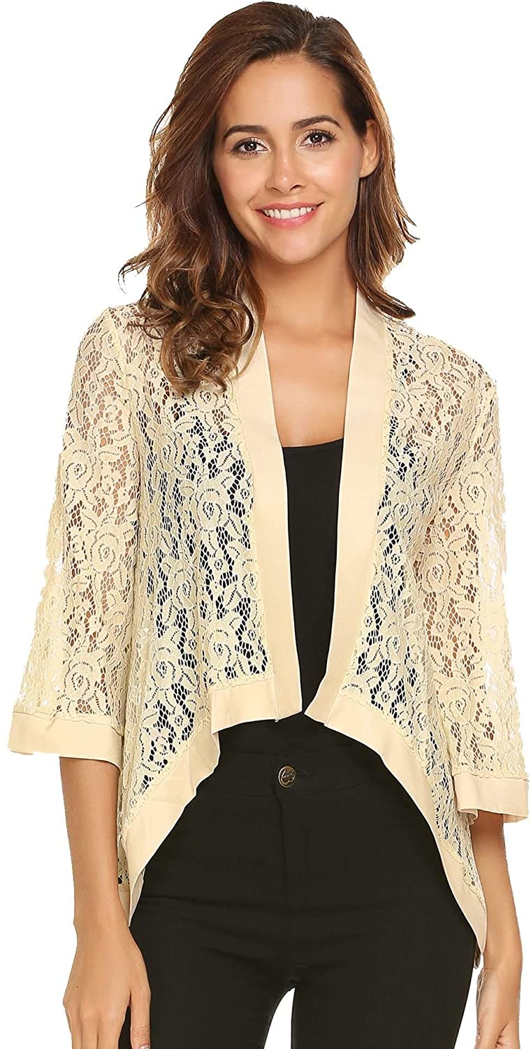 Zeagoo Women's Casual Lace Crochet Cardigan 3 4 Sleeve Sheer Cover Up ...