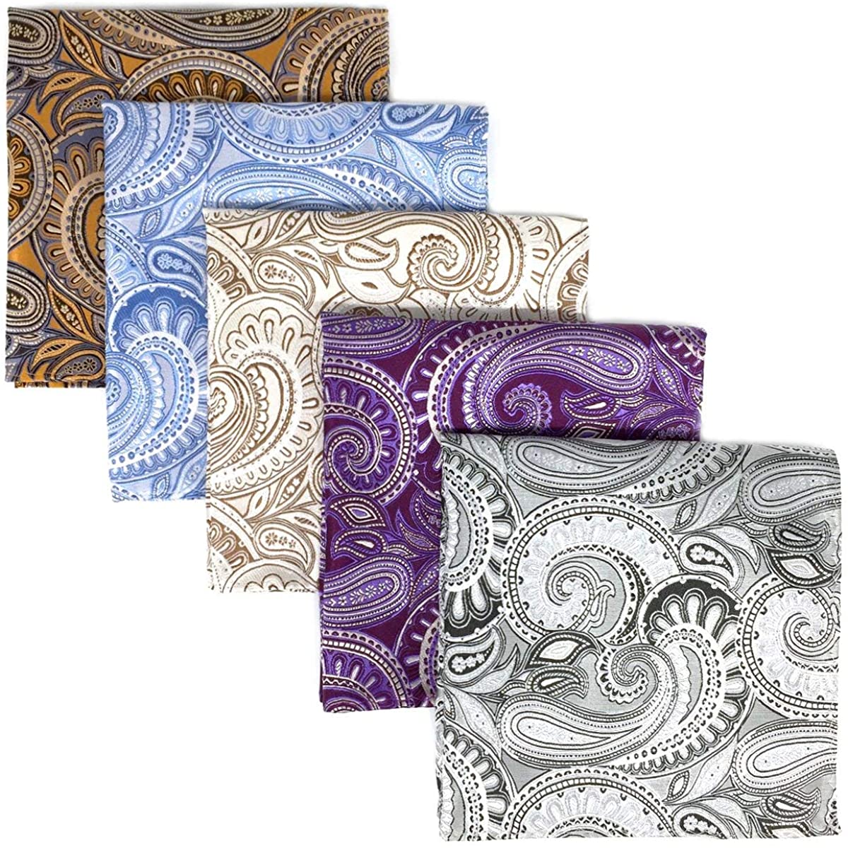 SHLAX&WING 5 Pieces Assorted Mens Silk Pocket Square Handkerchiefs Set Lot 