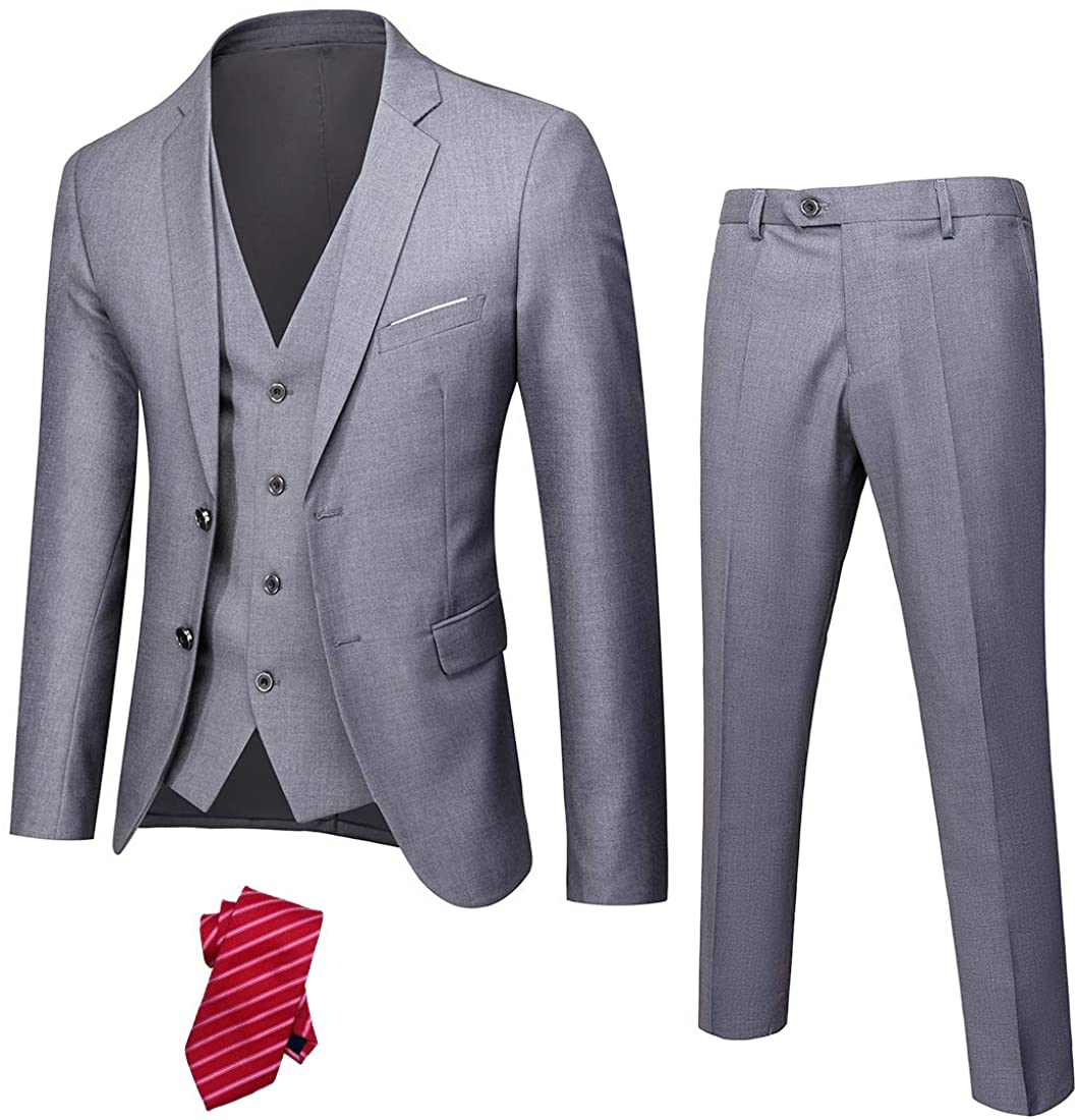 YND Mens Slim Fit 2 Button 3 Piece Suit Set Solid Blazer Jacket Vest Pants & Tie 