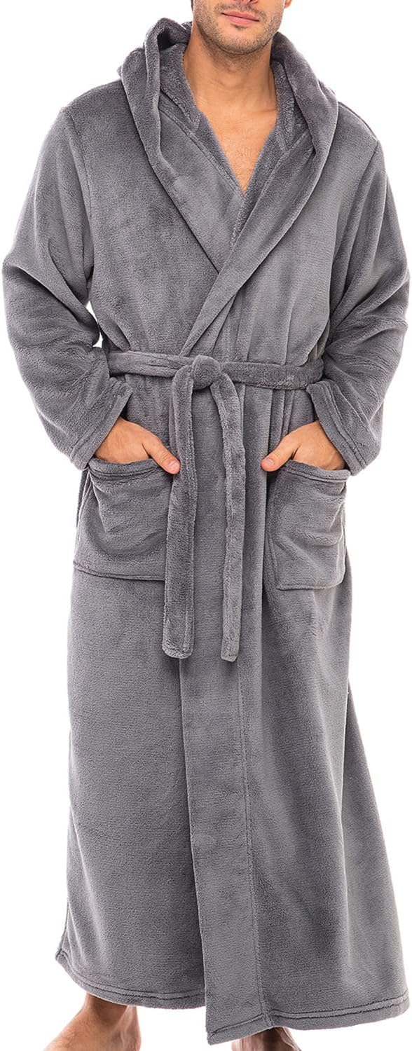 Alexander Del Rossa Men's Robe, Plush Fleece Hooded Bathrobe with