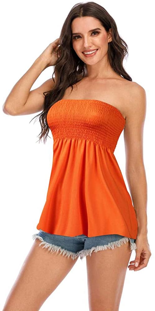 Licupiee Women's Tube Top Shirt Strapless Blouse Pleated Backless Stretchy  Tunic Tanks Shirt Tops