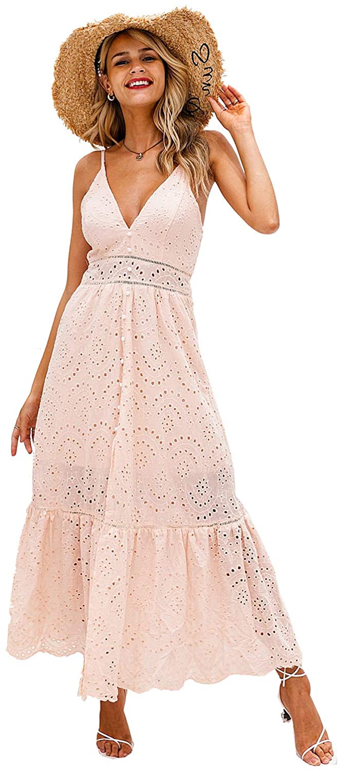 BerryGo Women's Embroidery Pearl Button Down Dress V Neck Spaghetti Strap  Maxi D | eBay