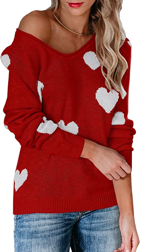 Sherrylily Womens Lightweight Pullover Off Shoulder Batwing Sleeve Heart  Print S